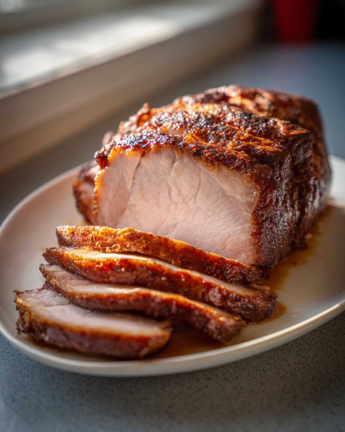 A beautifully seared and sliced pork loin roast resting on a white plate, showing juicy pink interior.