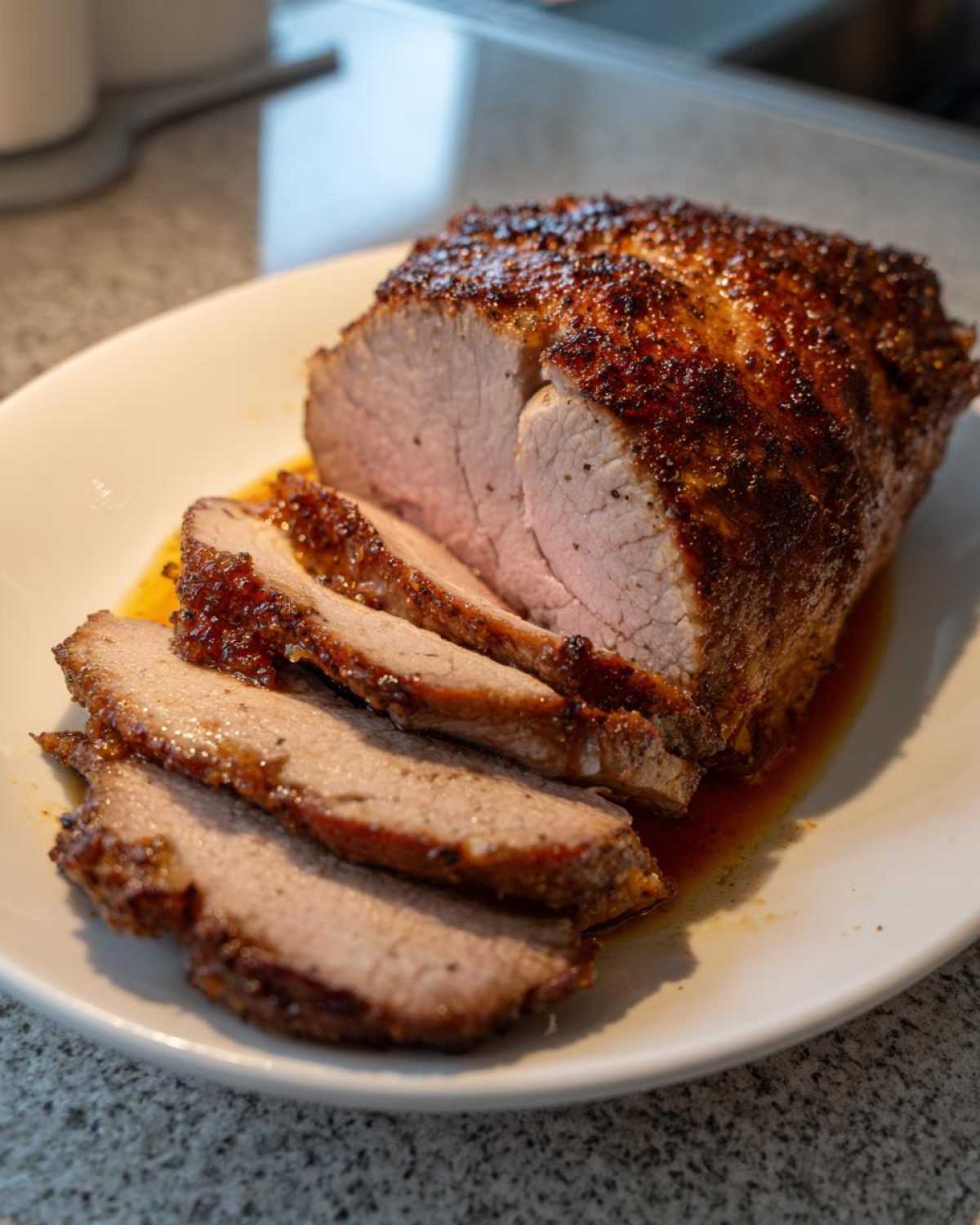 A beautifully crusted and sliced pork loin roast resting on a white plate with pan juices.