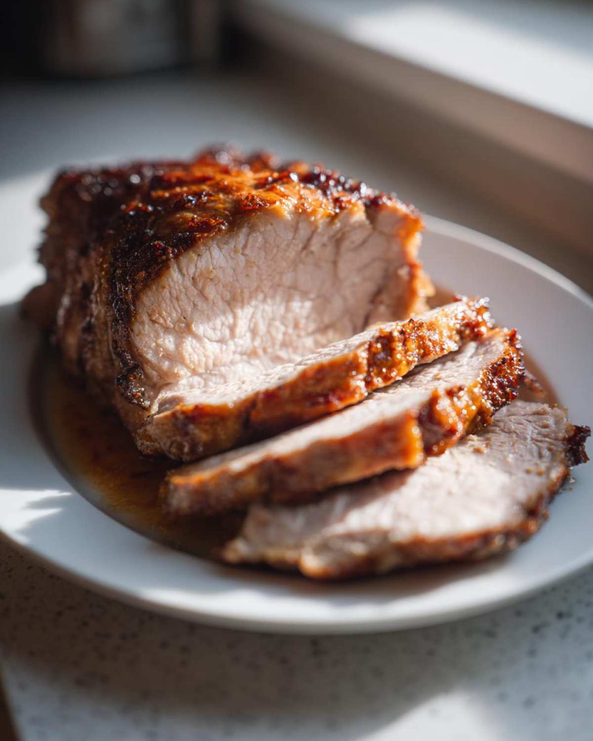 Slices of juicy pork loin roast with a caramelized crust resting in its juices on a white plate.