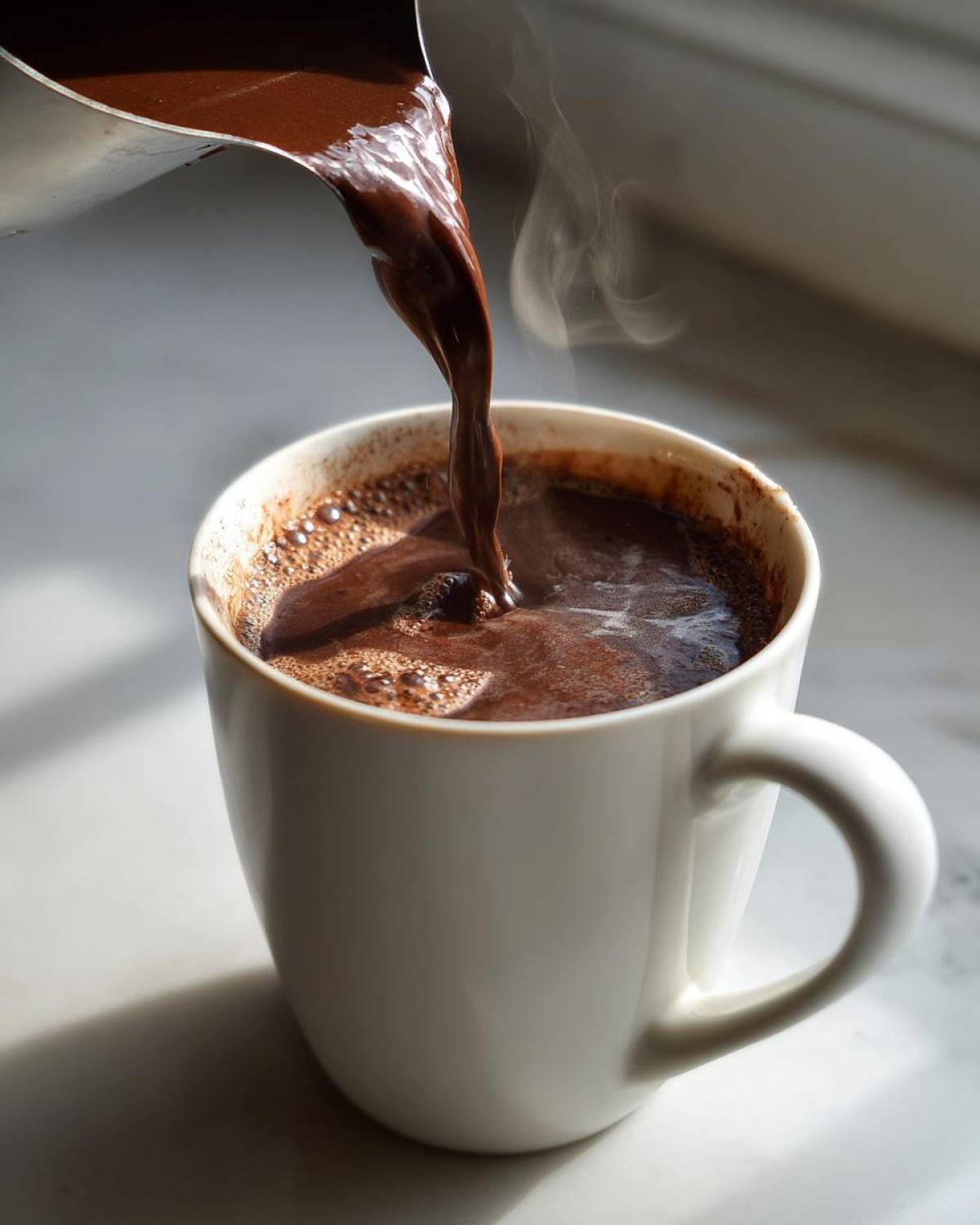 Rich, dark liquid being poured from a metal pitcher into a white mug to make homemade hot cocoa, steam rising.