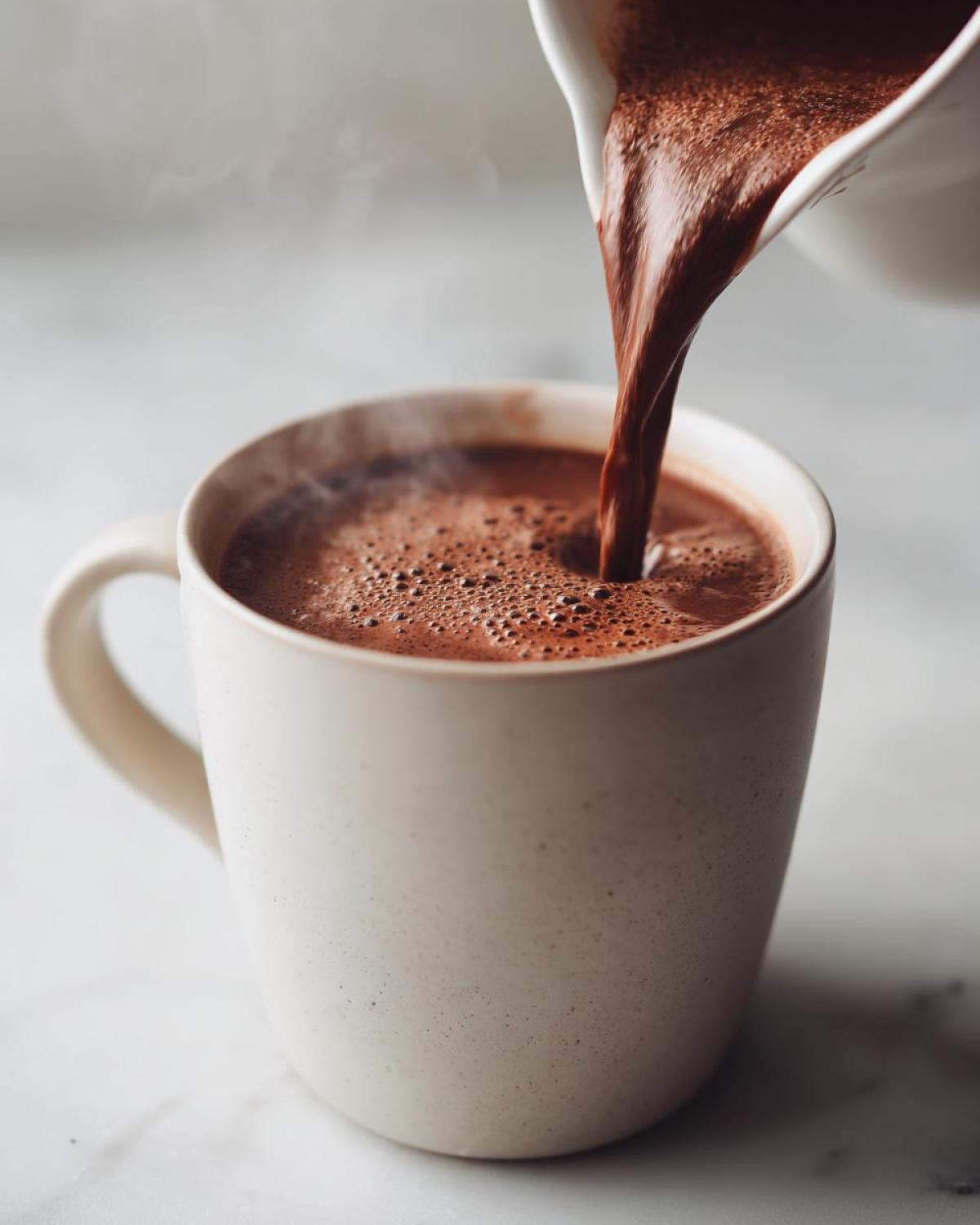 Close-up of rich, steaming homemade hot cocoa being poured from a white pitcher into a speckled white mug.