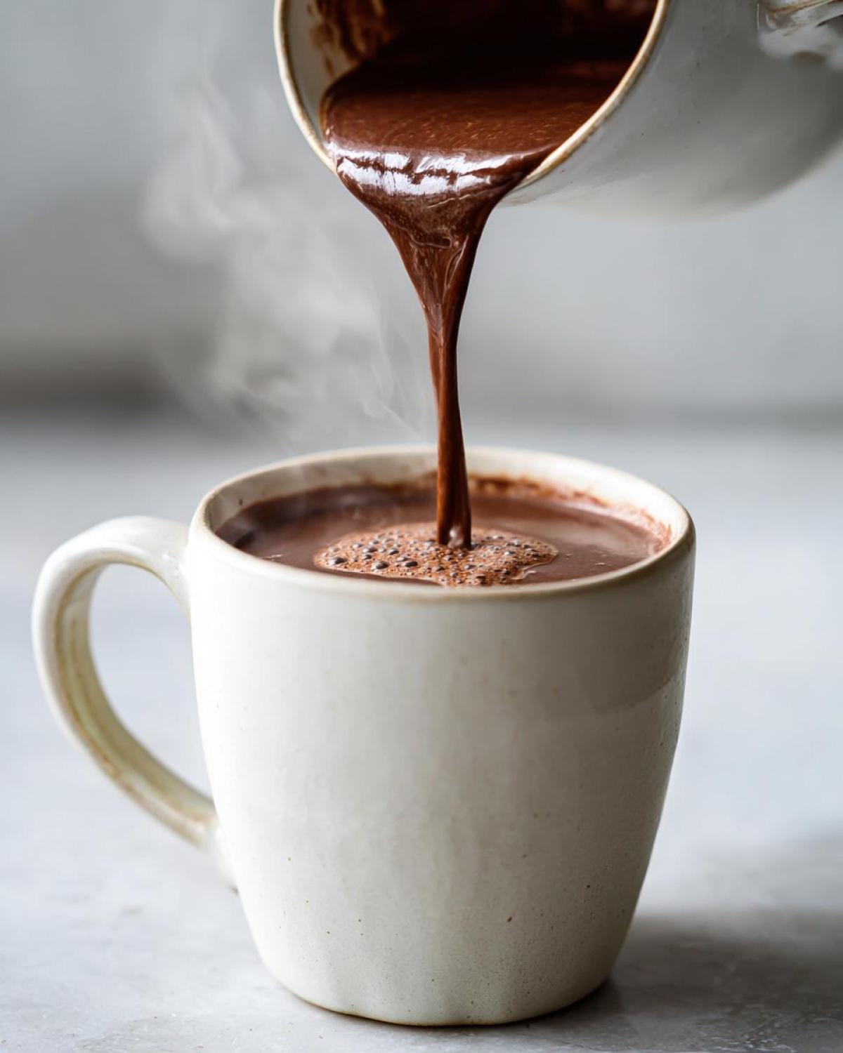Thick, rich homemade hot cocoa being poured from a small pitcher into a white mug, showing steam rising.