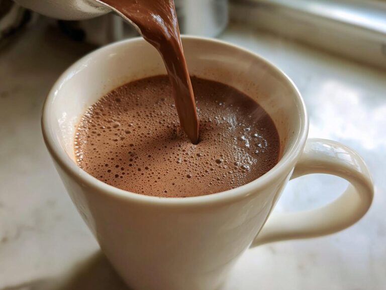 Close-up of thick, rich homemade hot cocoa being poured into a white ceramic mug, creating foam.