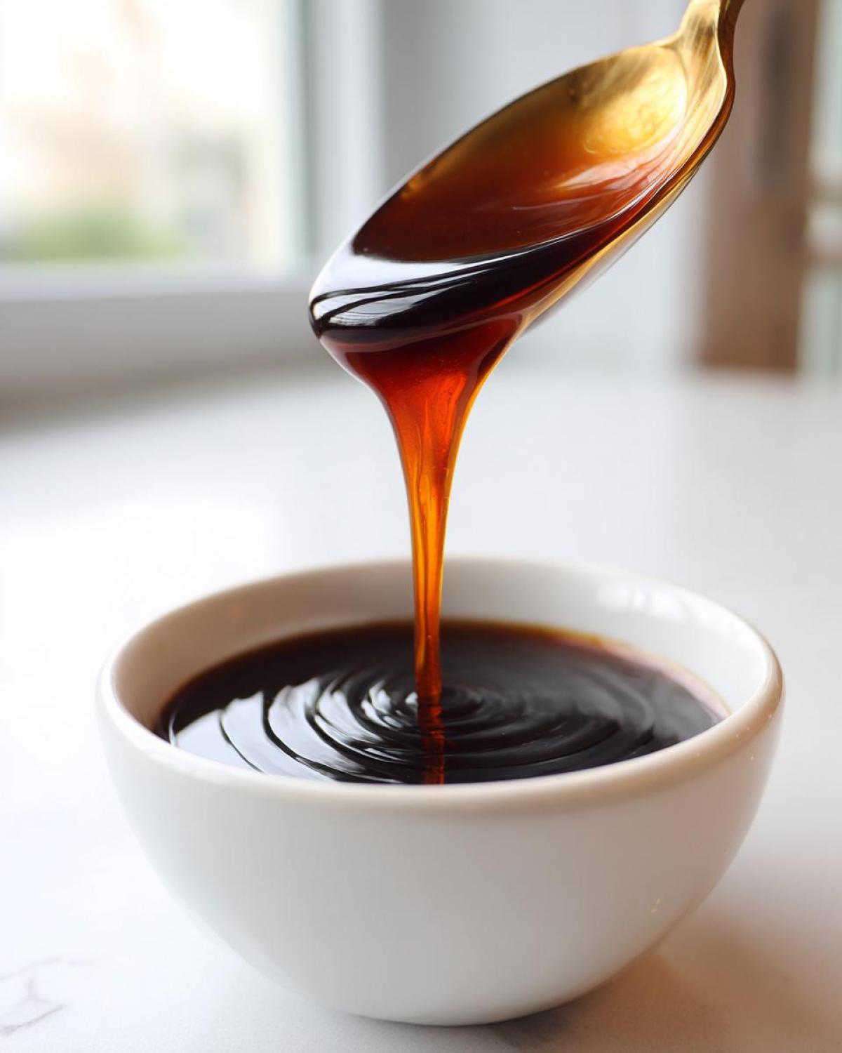 Close-up of thick, glossy homemade teriyaki sauce being poured from a golden spoon into a white bowl.