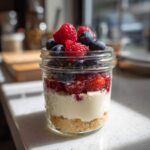 A layered single-serving Protein Cheesecake in a small glass jar topped with fresh raspberries and blueberries.