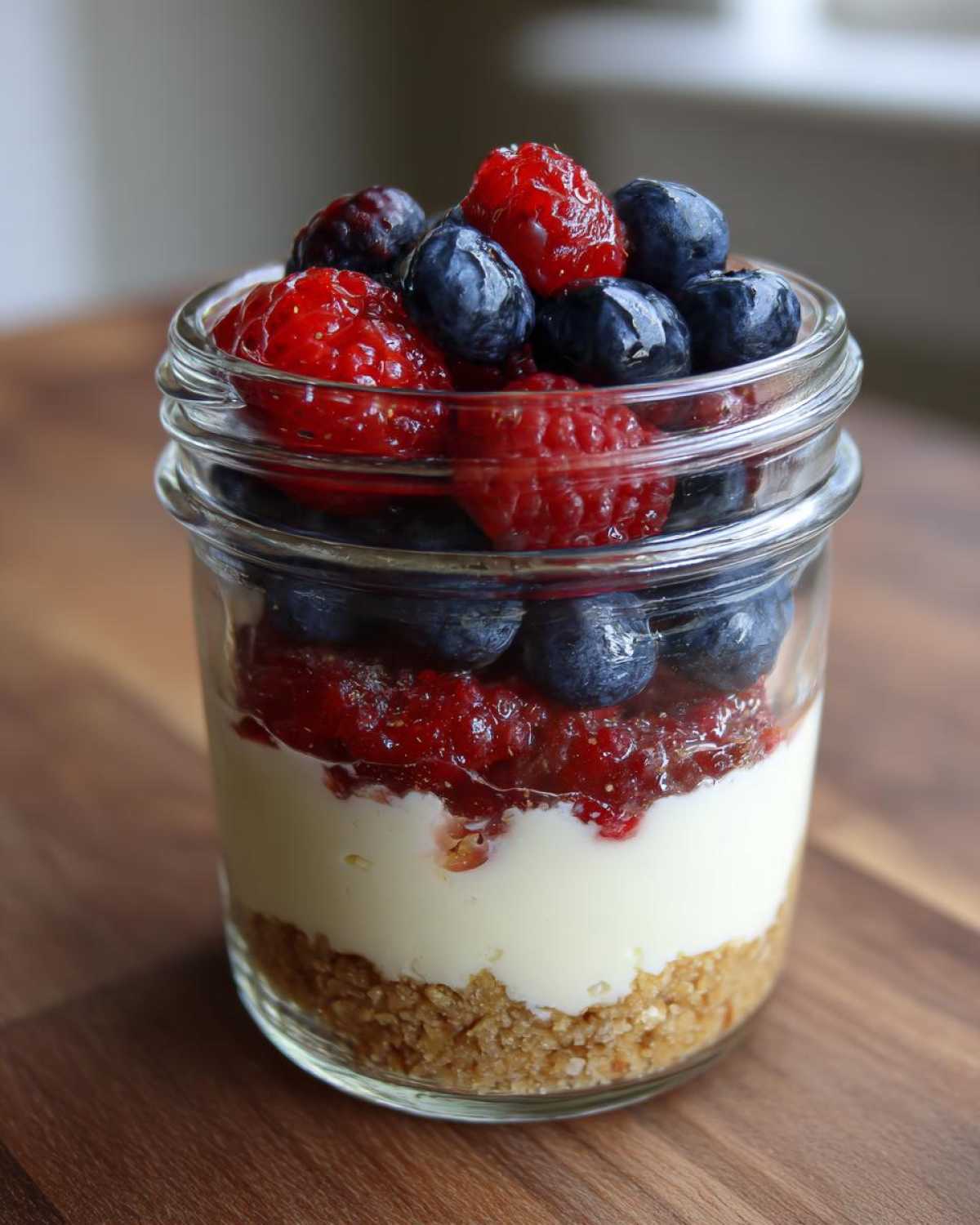 Close-up of an individual Protein Cheesecake layered in a glass jar with graham cracker crust, creamy filling, berry compote, and fresh blueberries and raspberries.