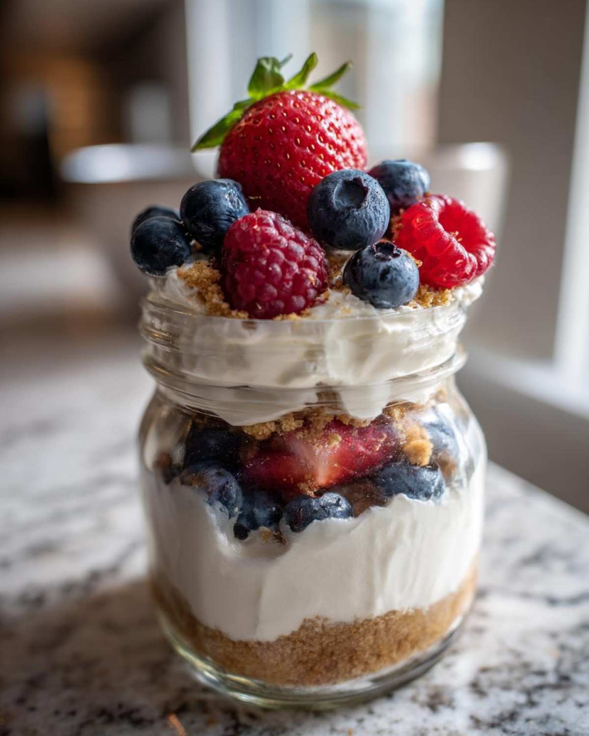Close-up of a layered Protein Cheesecake in a jar topped with fresh berries.
