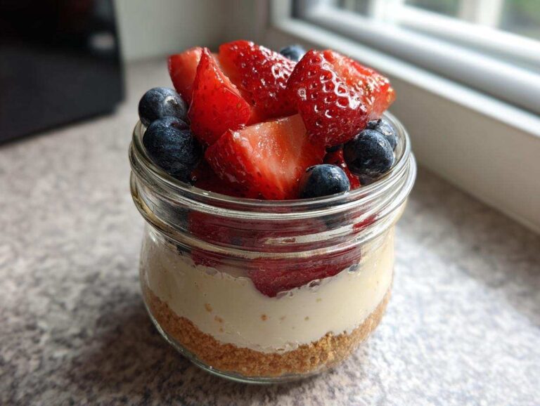 A single serving Protein Cheesecake layered in a small glass jar, topped with fresh strawberries and blueberries.