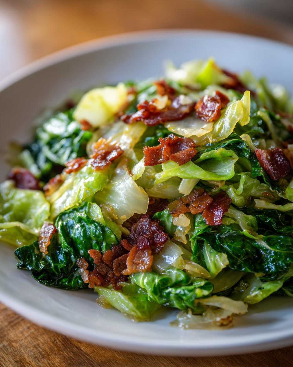 Close-up of sautéed cabbage with crispy bacon pieces served on a white plate.