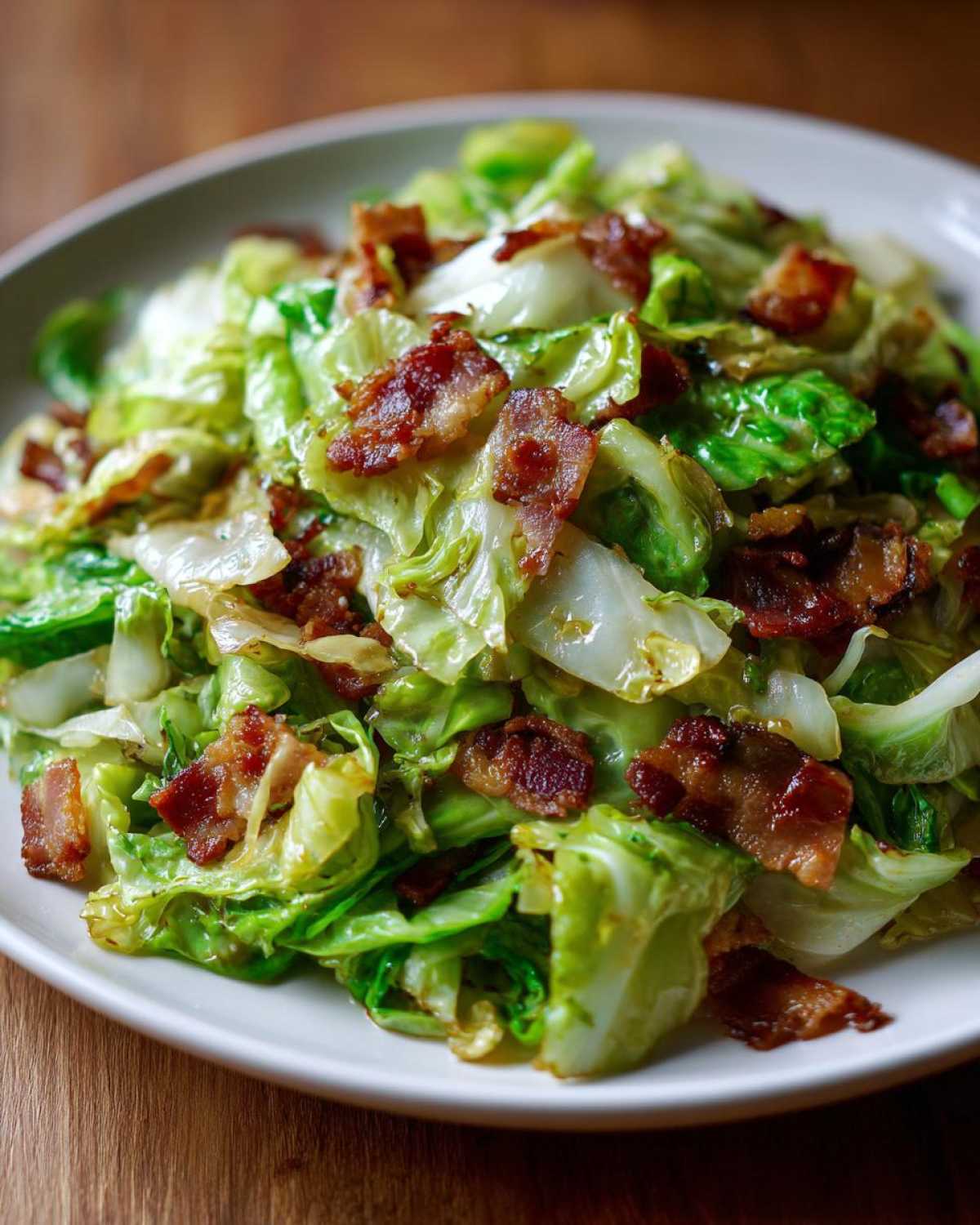 Close-up of a plate featuring a simple cabbage recipe sautéed with crispy bacon pieces.