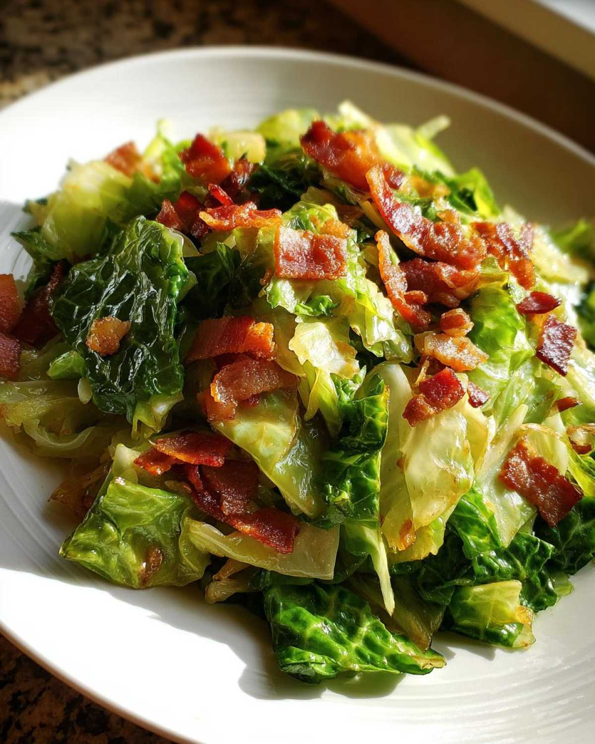 A close-up of a simple cabbage recipe, featuring sautéed green cabbage topped generously with crispy bacon pieces.