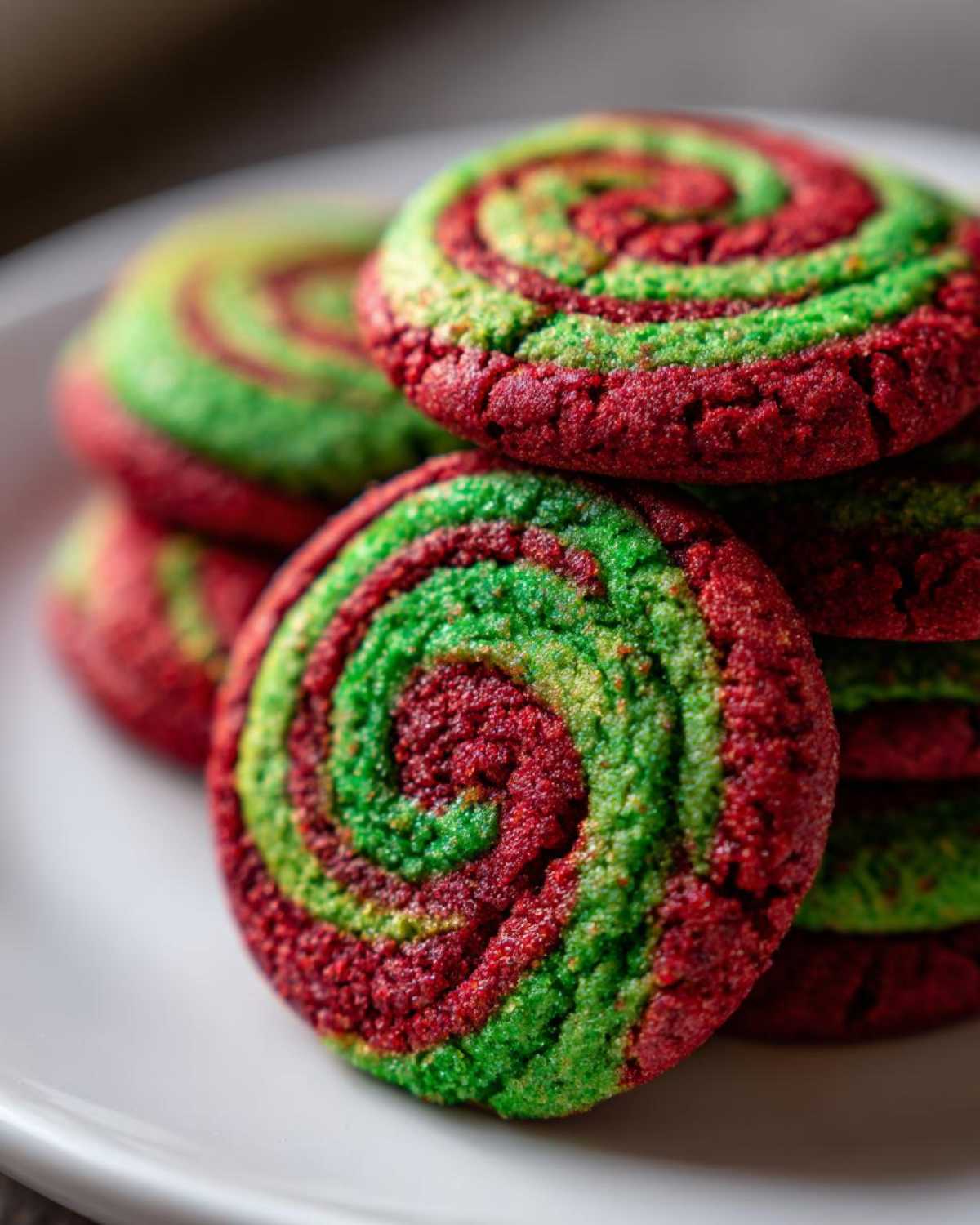 A close-up stack of vibrant red and green swirl pinwheel cookies dusted with sugar.