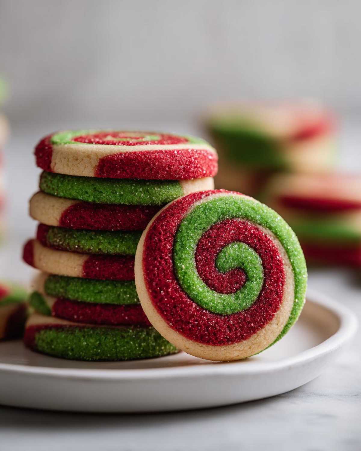 A stack of festive red and green sugar-coated pinwheel cookies, with one leaning against the stack.