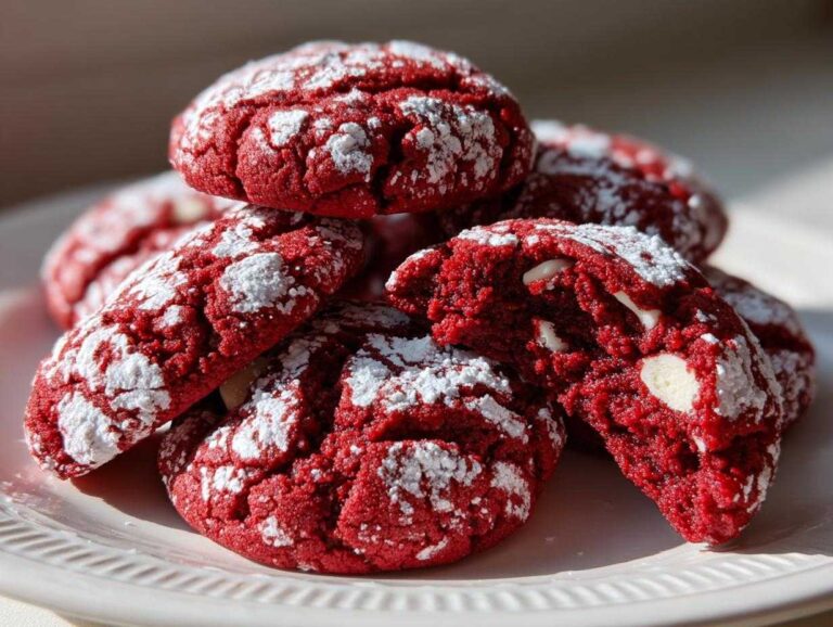 4 Superb red velvet cake mix cookies A stack of vibrant red velvet cake mix cookies dusted with powdered sugar, one cookie broken open showing white chocolate chips.