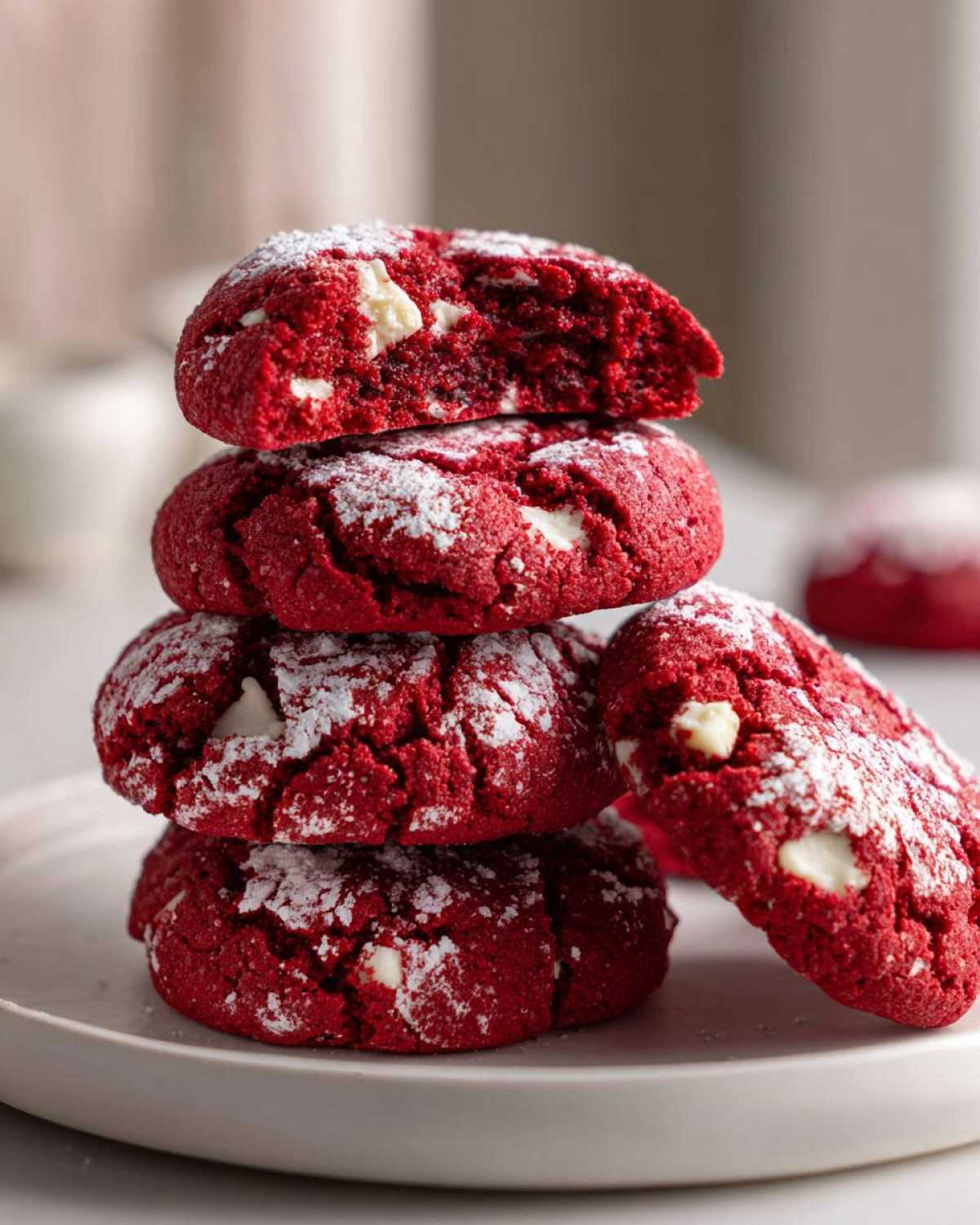 A stack of four vibrant red velvet cake mix cookies dusted with powdered sugar, showing white chocolate chips.