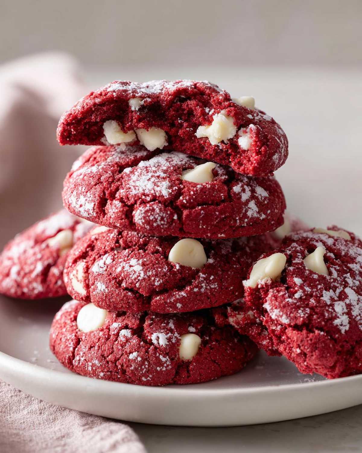 A stack of vibrant red velvet cake mix cookies dusted with powdered sugar and studded with white chocolate chips.