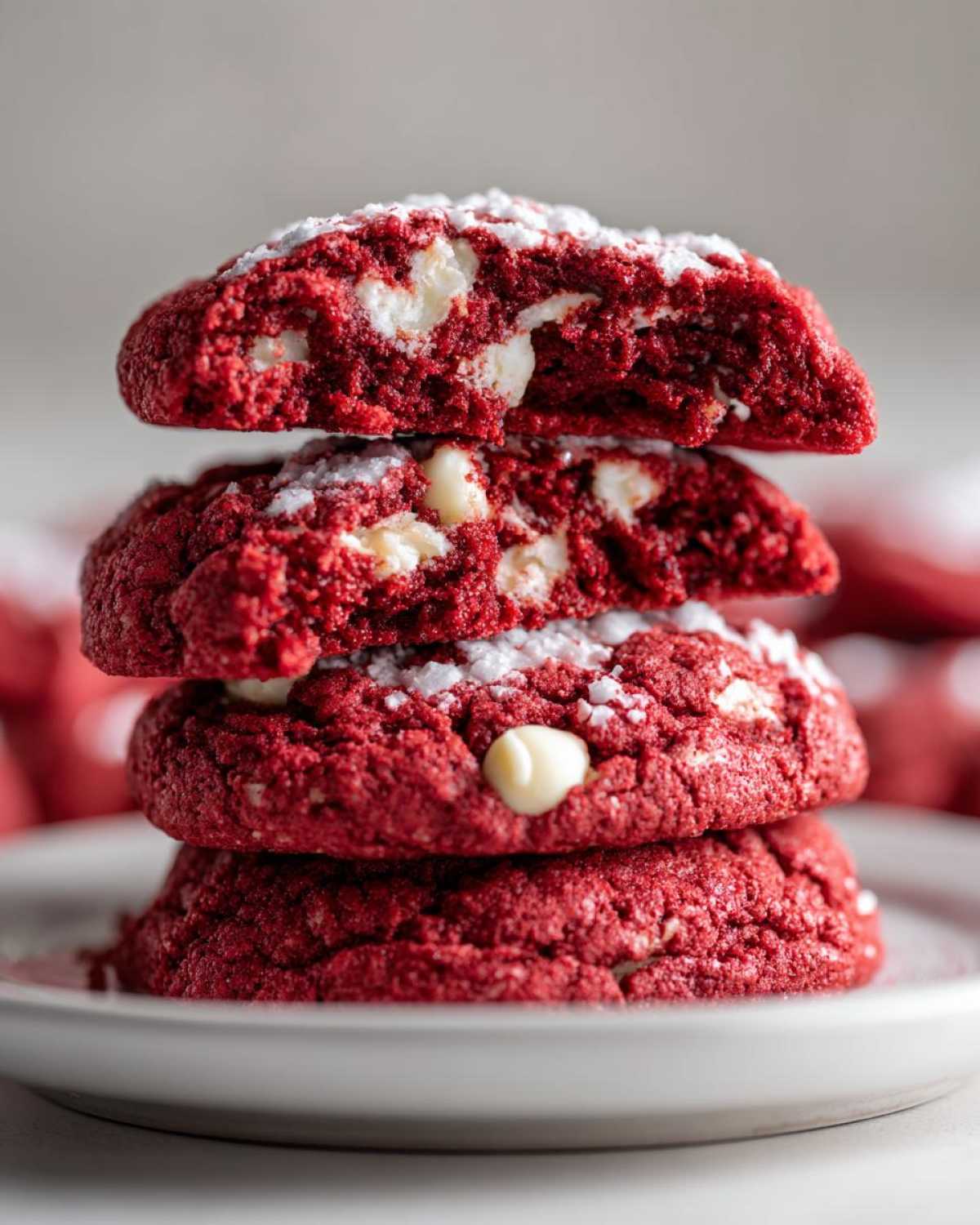 A stack of four rich, red velvet cake mix cookies loaded with white chocolate chips and dusted with powdered sugar.