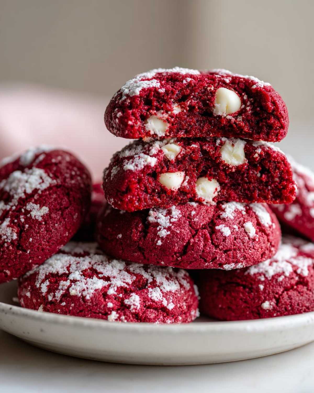 Stack of vibrant red velvet cake mix cookies dusted with powdered sugar, showing a soft interior with white chocolate chips.