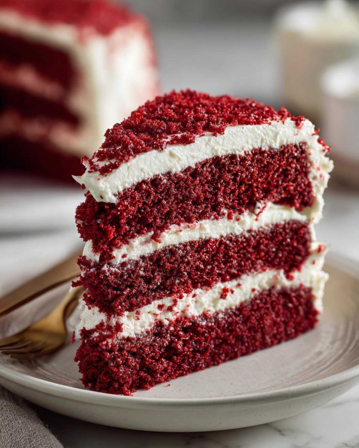Close-up of a tall slice of red velvet cake with three layers of deep red cake and white cream cheese frosting.