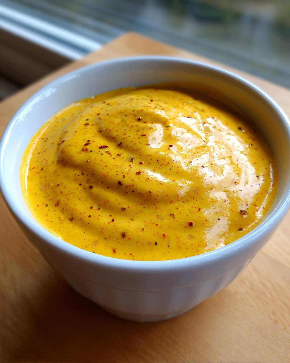 Close-up of a thick, vibrant yellow beer cheese dip speckled with red spices, served in a white bowl.