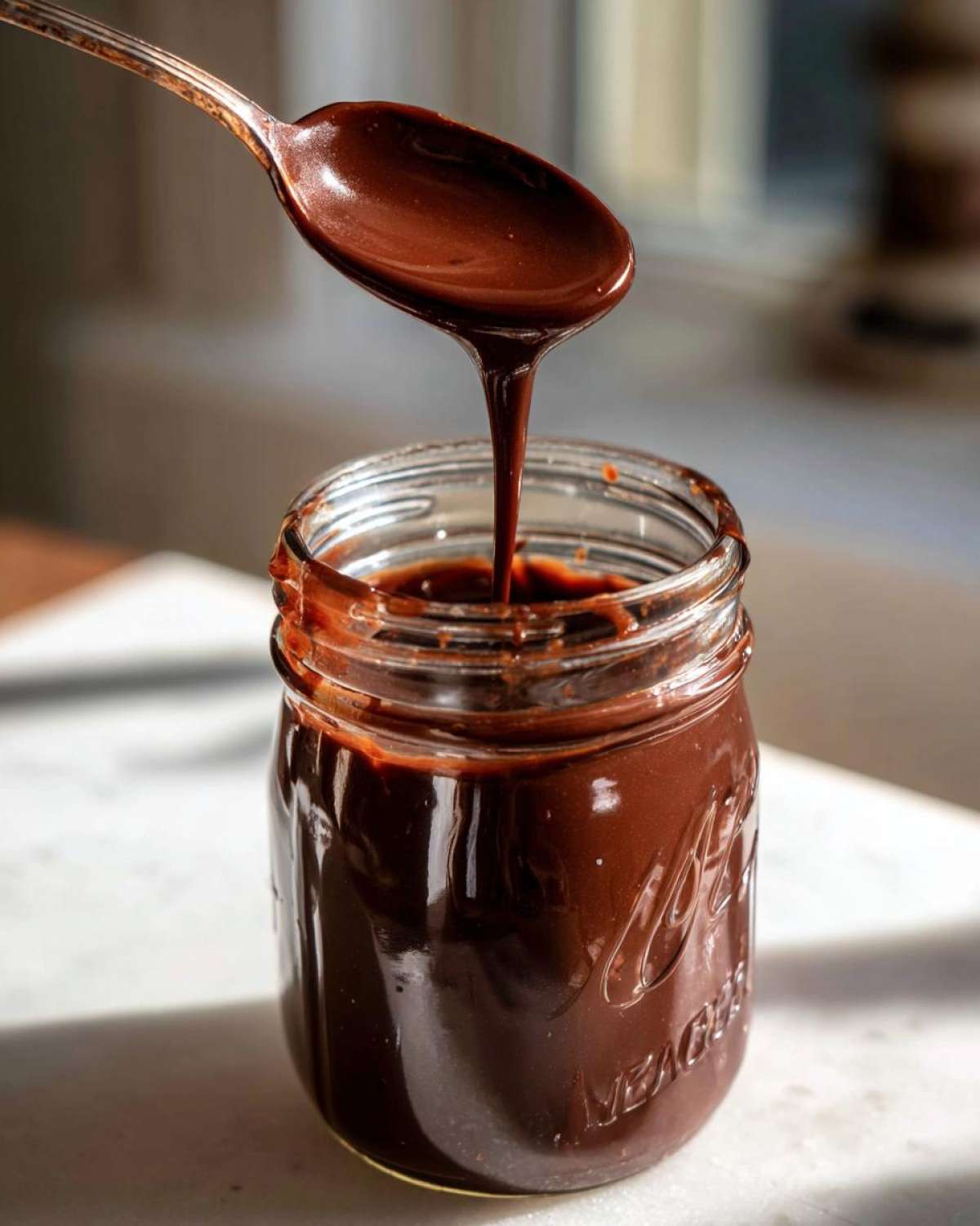 A spoonful of rich chocolate syrup drips back into a glass jar, showing its thick consistency.