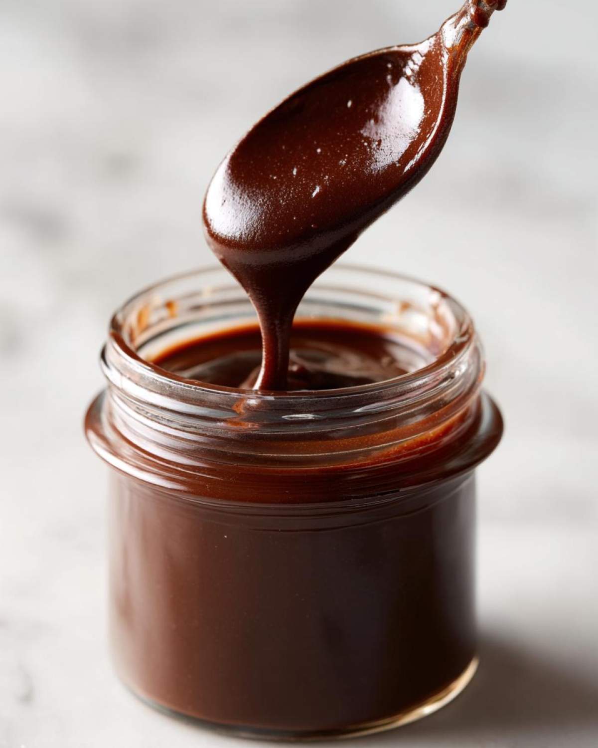 A spoonful of rich, thick chocolate syrup is drizzled back into a small glass jar.