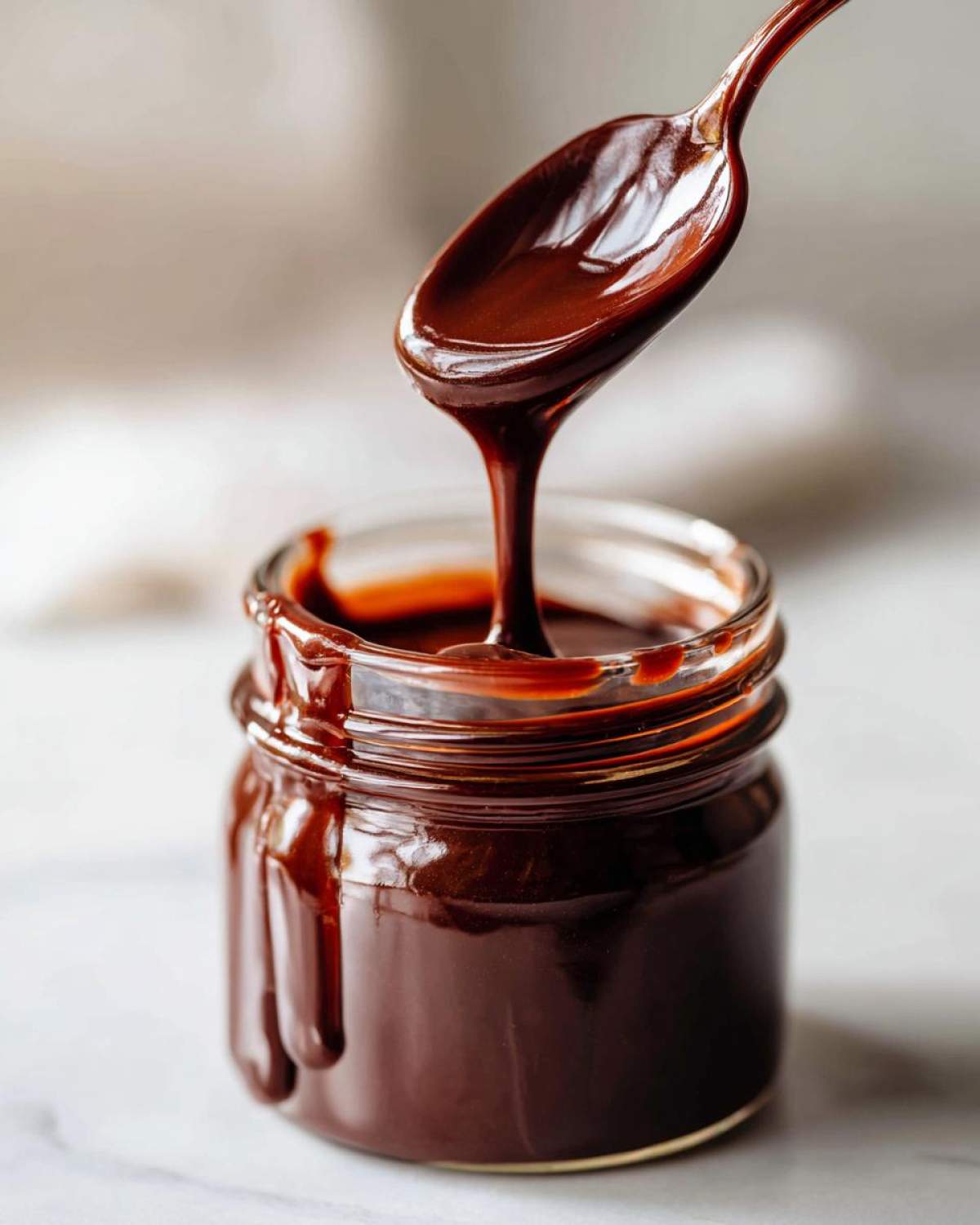A spoonful of thick, glossy chocolate syrup drips back into a small glass jar.