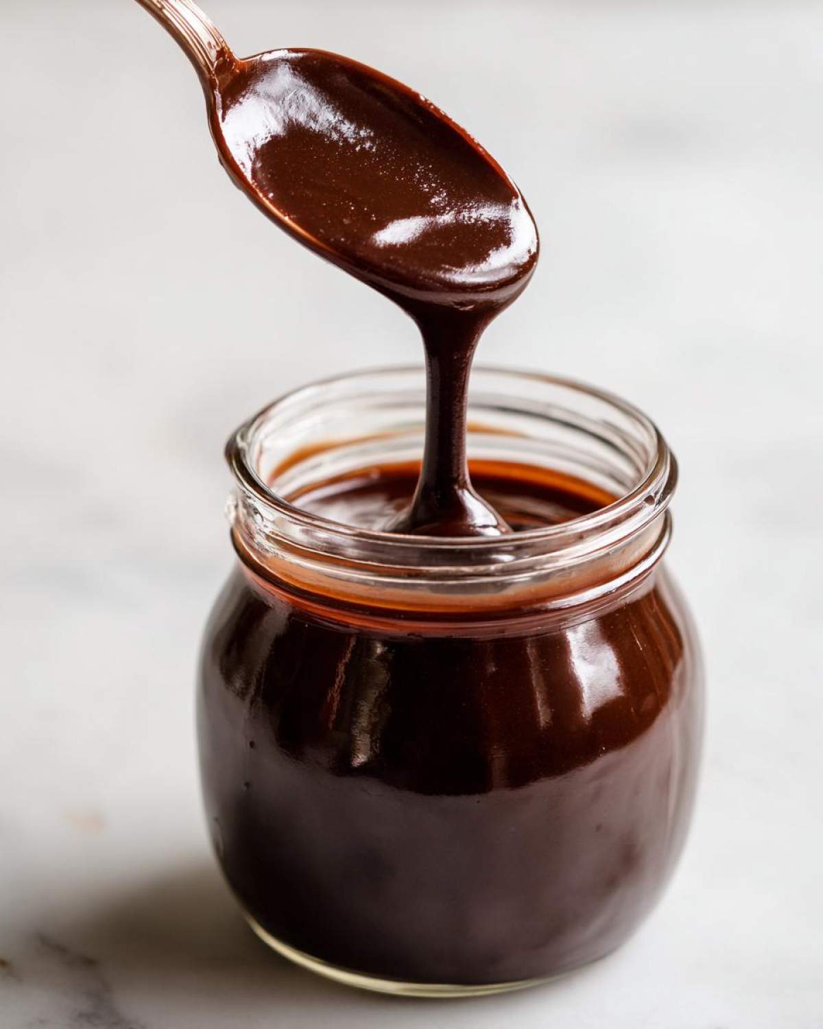A spoonful of thick, glossy chocolate syrup dripping back into a small glass jar.