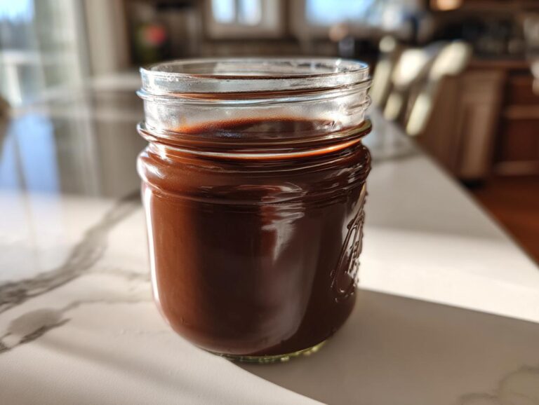 A glass mason jar filled with thick, rich chocolate syrup sitting on a white marble countertop.