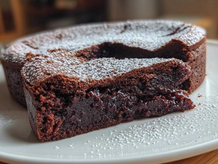 Shocking 8-Ingredient Flourless Chocolate Torte Close-up of a rich, dark flourless chocolate torte with a slice cut out, revealing a fudgy interior, dusted with powdered sugar.