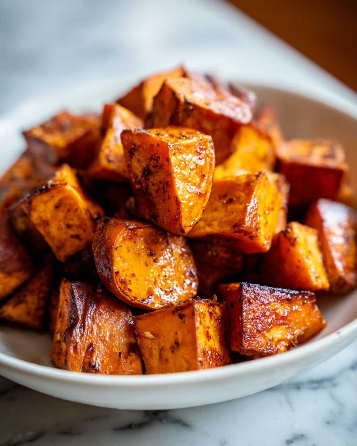 Close-up of caramelized, seasoned roasted sweet potato cubes piled high in a white bowl.