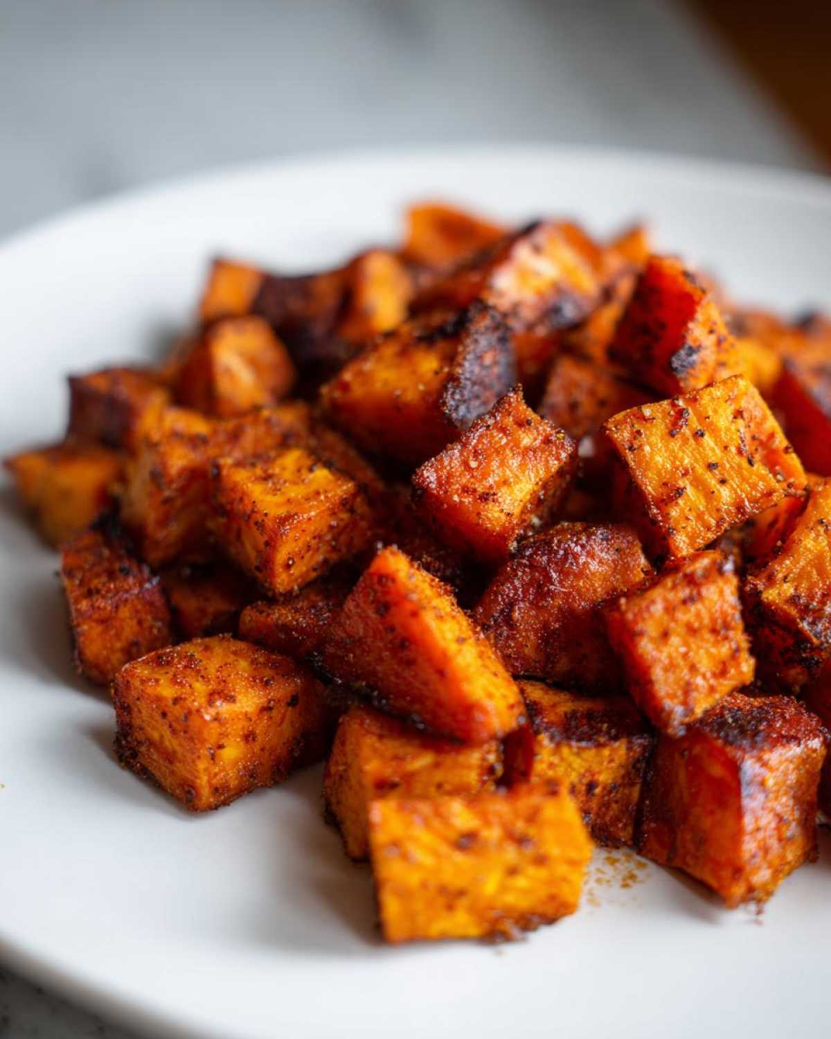 Close-up of perfectly seasoned and caramelized roasted sweet potato cubes piled on a white plate.