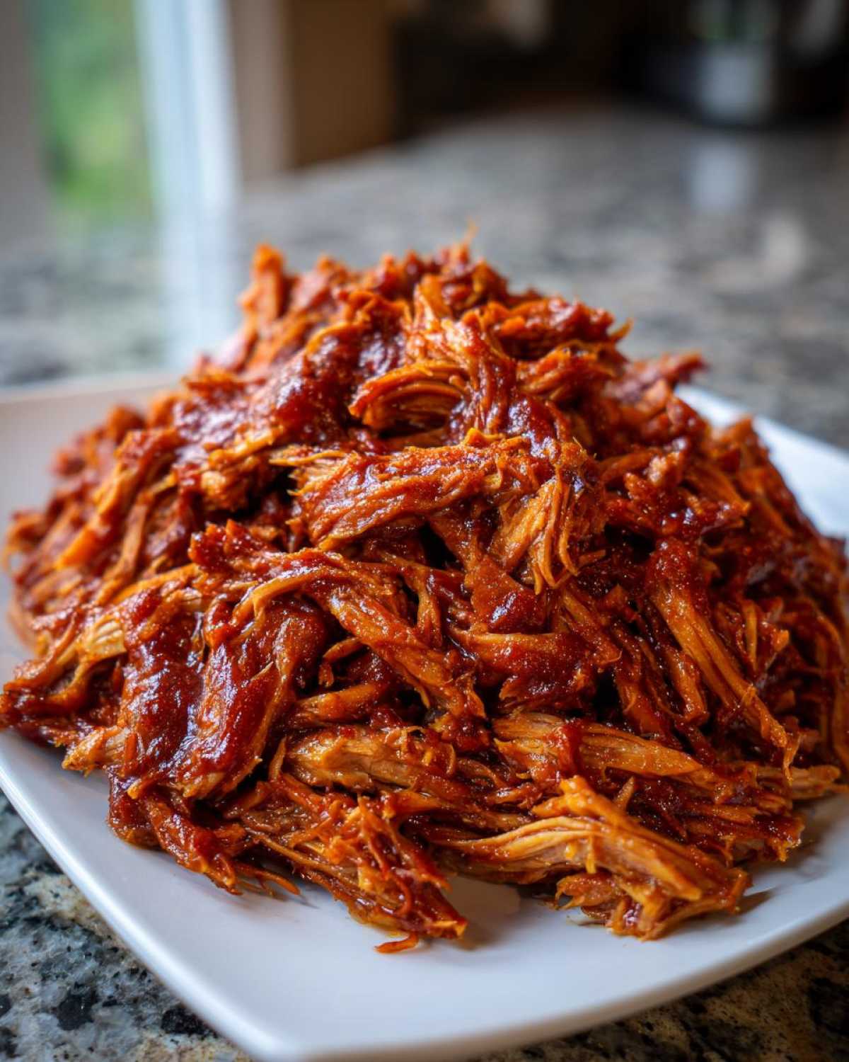 Close-up of a generous mound of saucy, shredded Slow cooker pulled pork piled high on a square white plate.