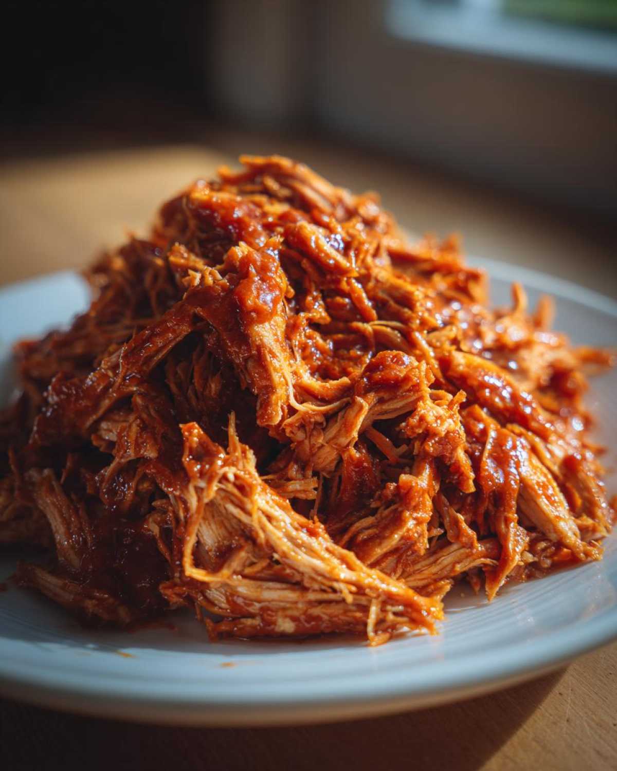 Close-up of a generous mound of saucy, shredded Slow cooker pulled pork piled high on a white plate.
