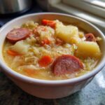 Close-up of a white bowl filled with rich sauerkraut soup, featuring slices of sausage, potatoes, and carrots.