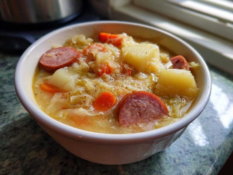 Close-up of a white bowl filled with rich sauerkraut soup, featuring slices of sausage, potatoes, and carrots.