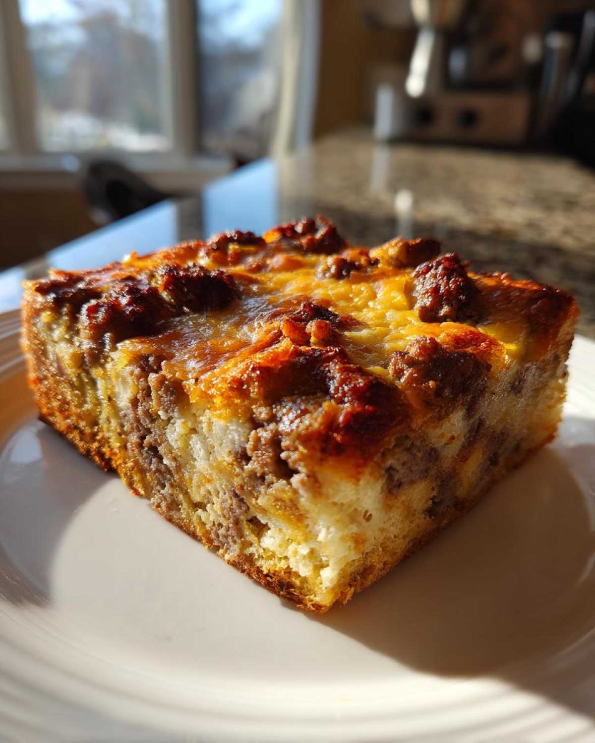 A square slice of sausage christmas breakfast casserole with a golden, cheesy top, sitting on a white plate in bright sunlight.