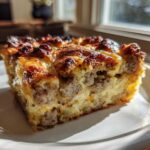 A golden-brown slice of sausage christmas breakfast casserole with a cheesy, browned top, served on a white plate.