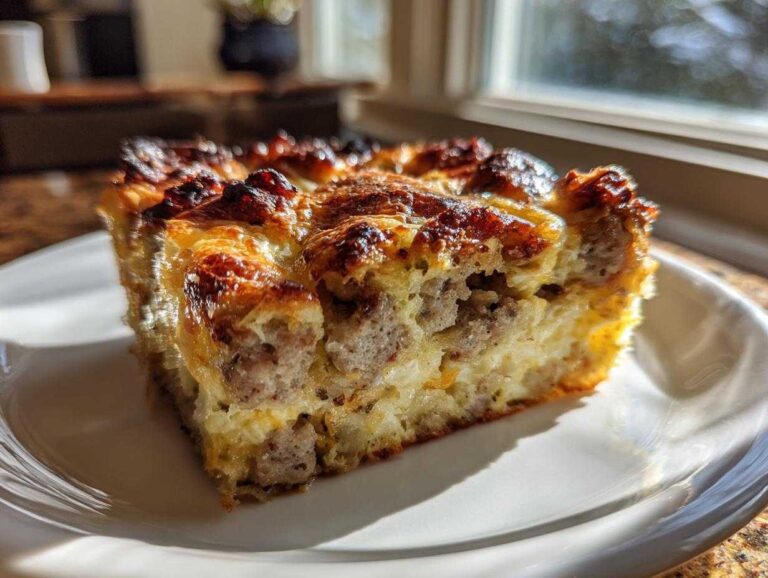 A golden-brown slice of sausage christmas breakfast casserole with a cheesy, browned top, served on a white plate.