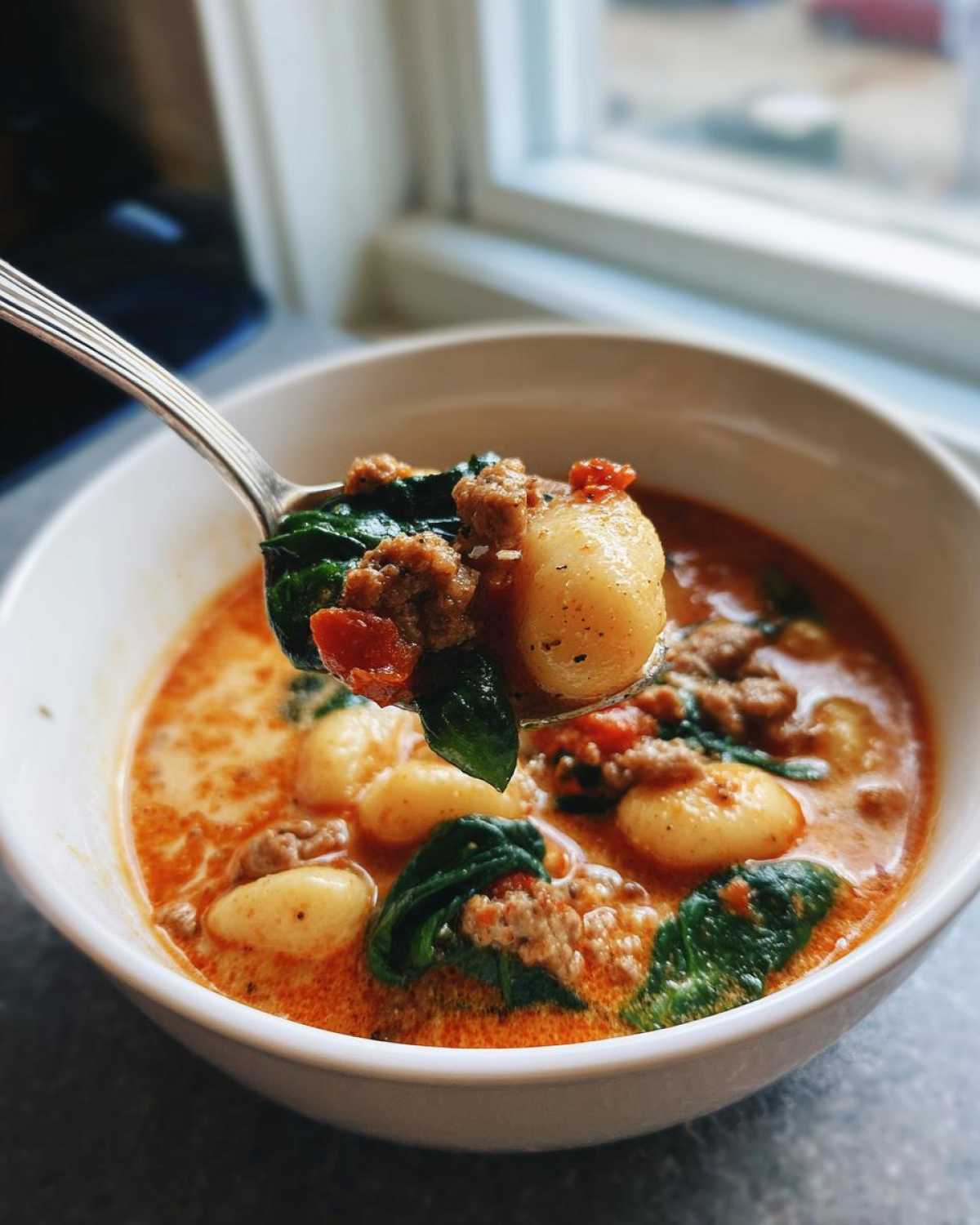 A spoonful of creamy sausage gnocchi soup showing gnocchi, ground sausage, and spinach being lifted from a white bowl.