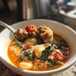 A spoonful lifted from a bowl of creamy sausage gnocchi soup, showing sausage, gnocchi, and spinach.