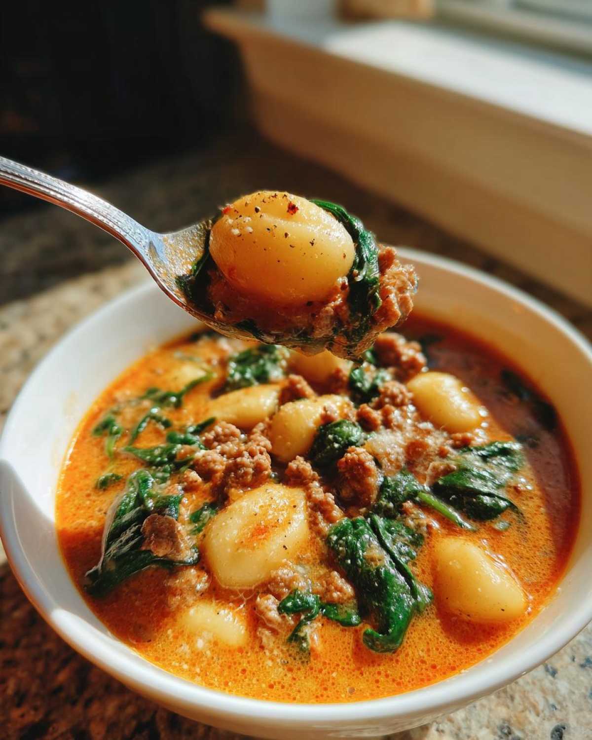 A spoonful of creamy sausage gnocchi soup lifted from a white bowl, showing gnocchi, ground sausage, and spinach.