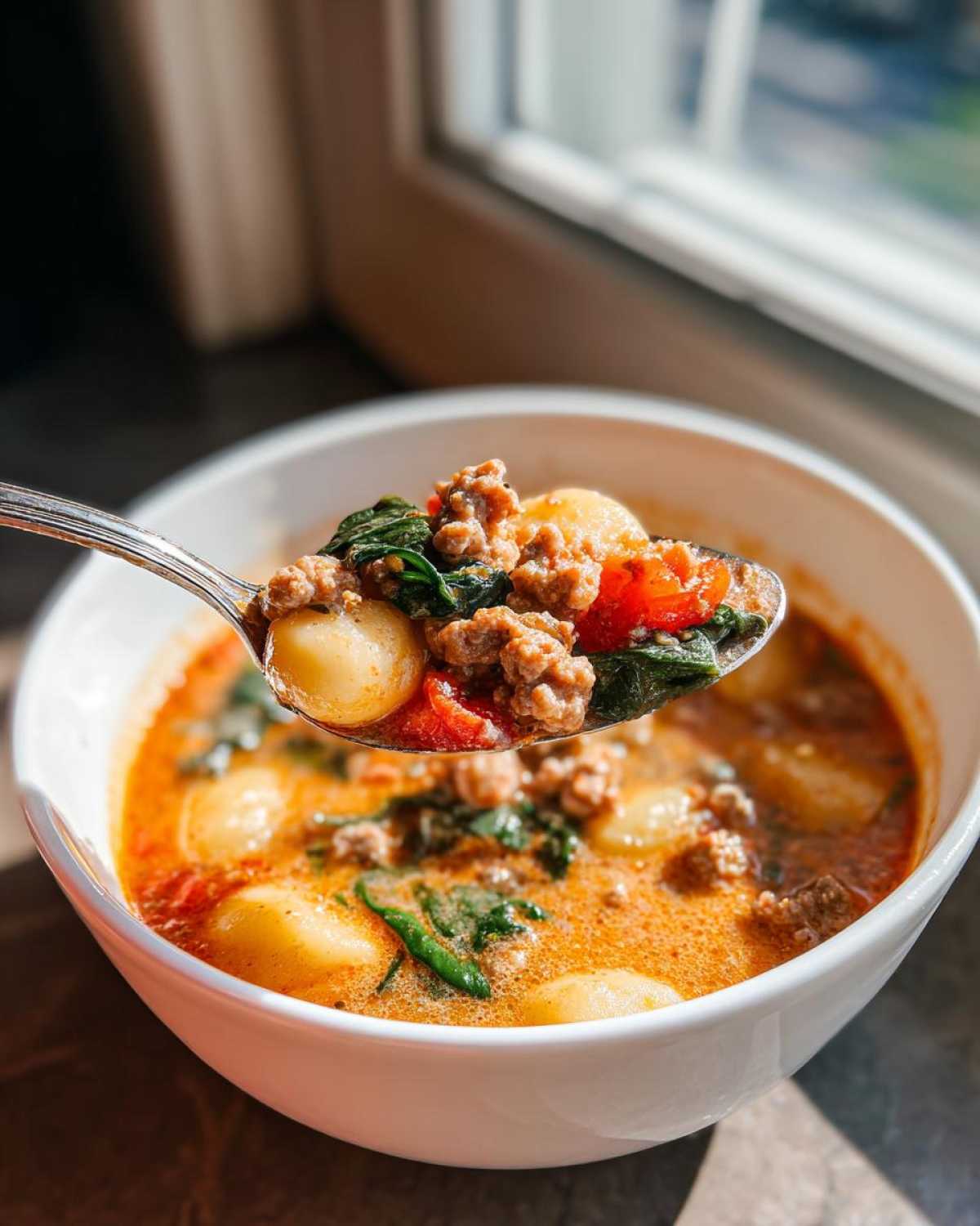 A spoonful of creamy sausage gnocchi soup featuring gnocchi, crumbled sausage, spinach, and tomatoes being lifted from a white bowl.