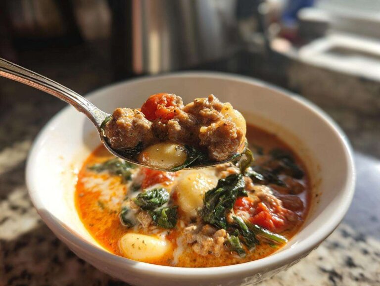 A spoonful lifted from a bowl of creamy sausage gnocchi soup, showing sausage, gnocchi, and spinach.