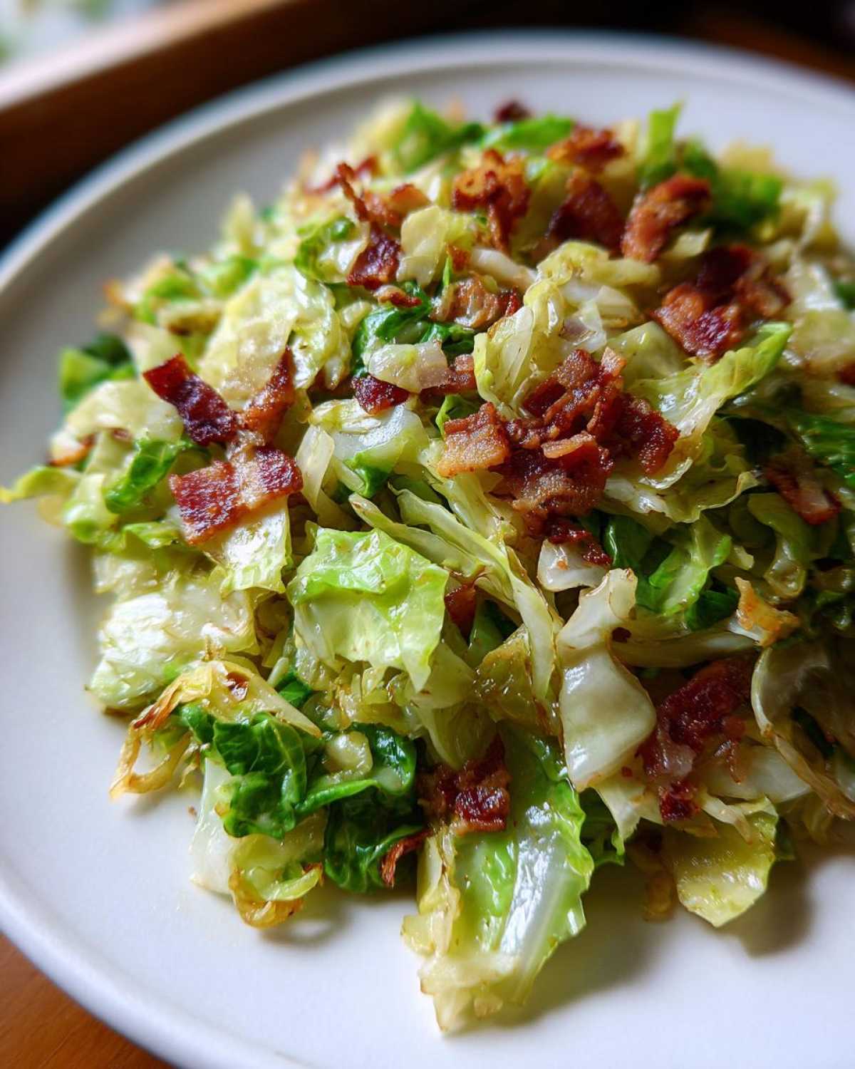 Close-up of a simple cabbage recipe featuring sautéed green cabbage topped with crispy bacon pieces on a white plate.