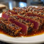 Slices of perfectly seared ahi tuna with a thick, dark sesame seed crust resting in a savory sauce.
