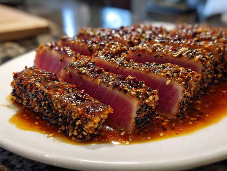 Slices of perfectly seared ahi tuna with a thick, dark sesame seed crust resting in a savory sauce.