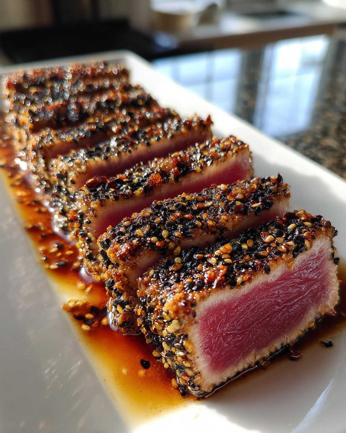 Close-up of perfectly seared ahi tuna, sliced and crusted with black and white sesame seeds, resting in sauce.