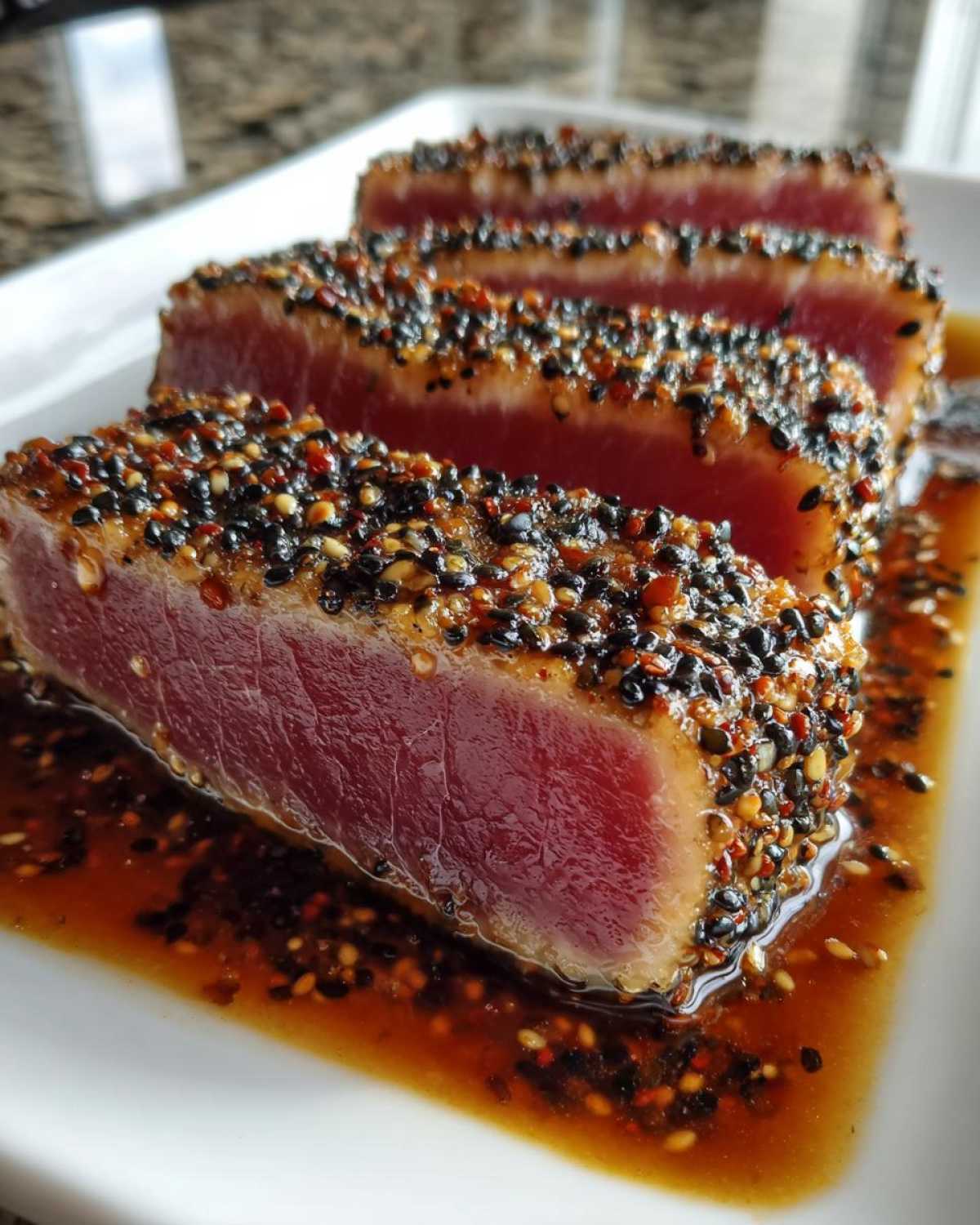 Close-up of four slices of perfectly Seared Ahi Tuna crusted with black and white sesame seeds, resting in sauce.