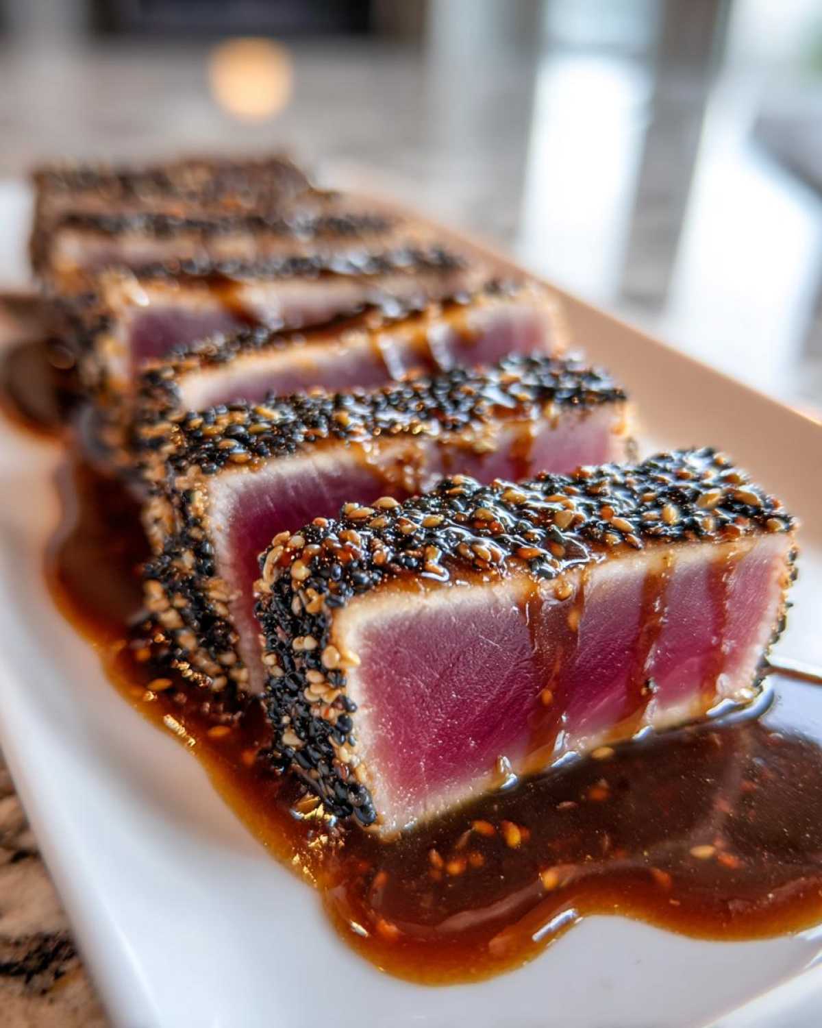 Close-up of perfectly rare Seared Ahi Tuna slices coated in black and white sesame seeds and drizzled with a rich brown sauce.